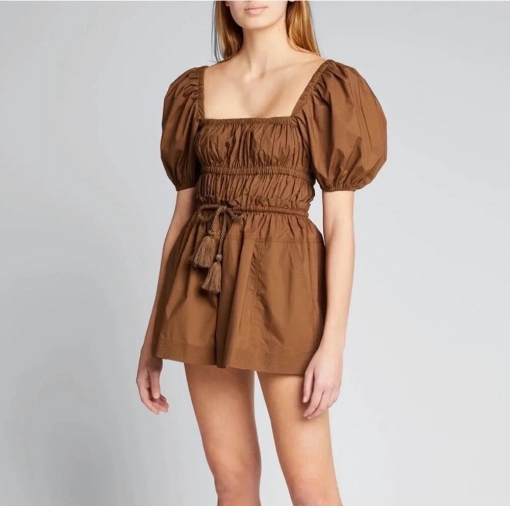 Ulla Johnson Alegria Puff Sleeve Romper Desert Palm SZ 8 Smocked Cotton Resort